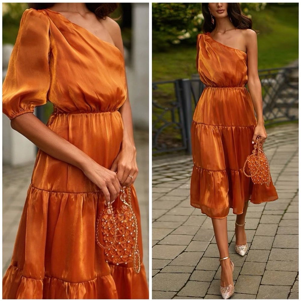 Alamour Juliet Dress - Iridescent Orange Midi Cocktail Dress Size L NWT
